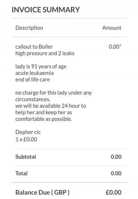 Plumber takes job at cancer-stricken 91-year-old’s home, and his invoice is now going viral