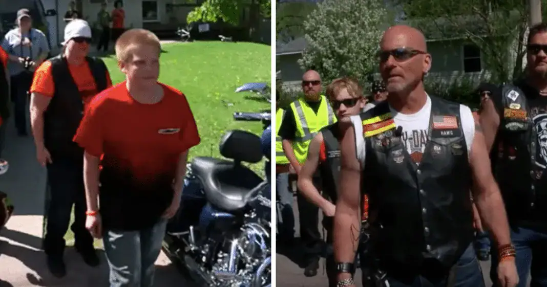 Bikers storm the neighborhood looking for bullied teen who steps outside to confront them