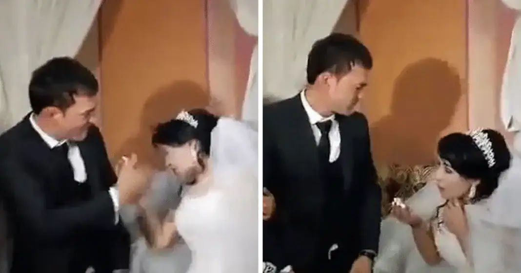 Husband viciously slaps his new bride on wedding day after she teases him with cake