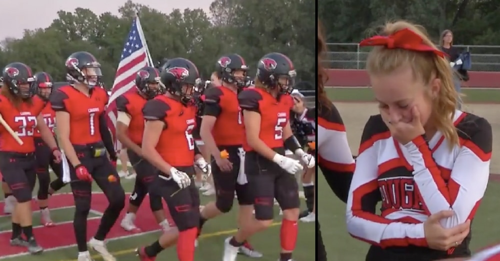 Football team leaves cheerleader speechless when they throw these at her feet before game