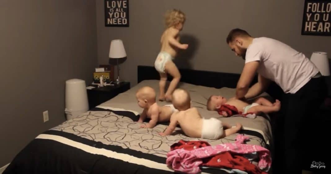 Dad Gets 8-Month-Old Triplets & Toddler Ready For Bed & It’s Going Viral For All The Right Reasons