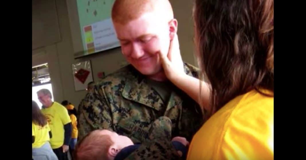 Tough Marine Rushes Over To Greet Family, ‘Loses It’ When He Lays Eyes On Newborn Son