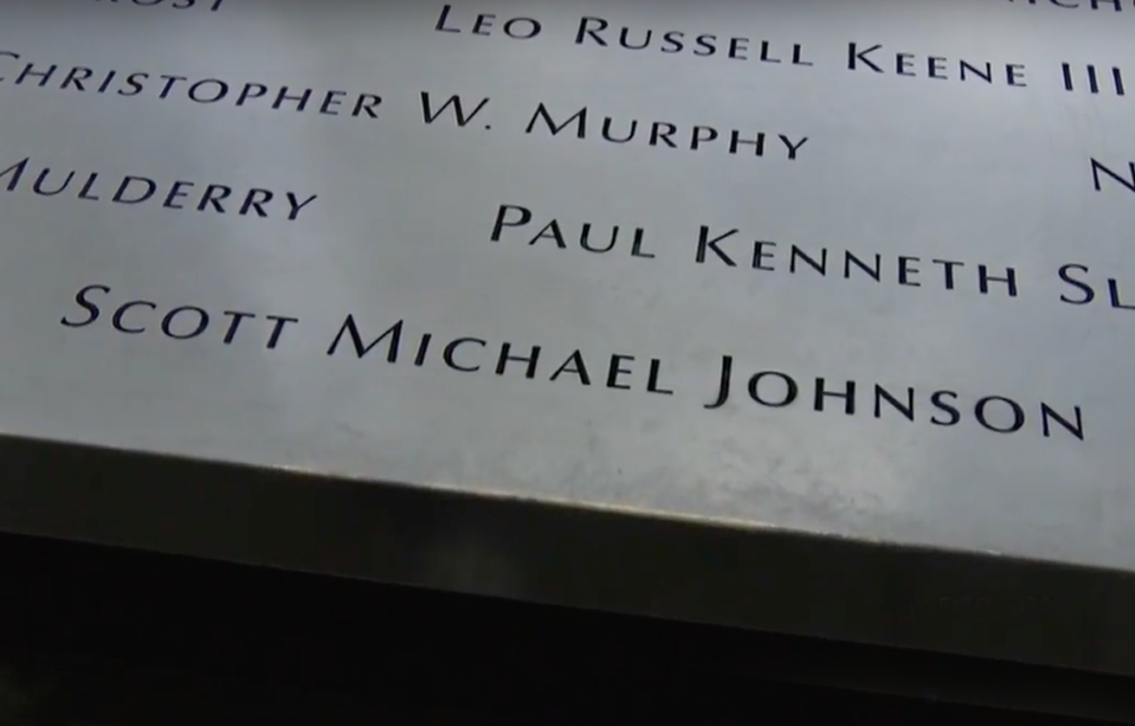 Scott Michael Johnson's name as it appears the South Memorial Pool.