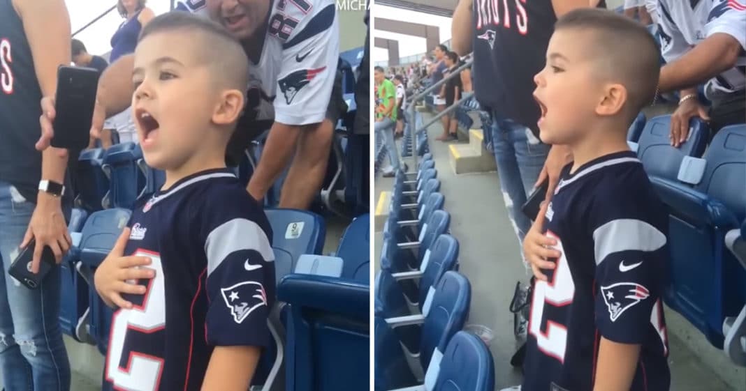 Heartwarming Moment Patriotic 3-Year-Old Boy Belts Out National Anthem At Football Game