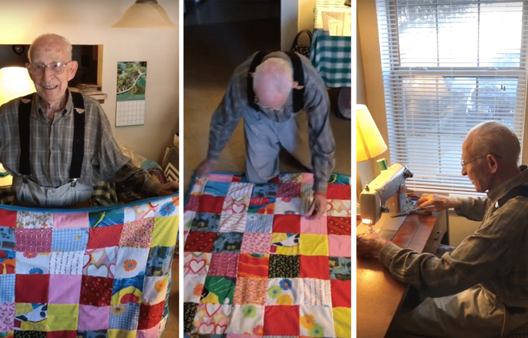Theron Jennings works on his quilts via YouTube