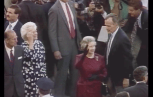 The Queen with President Bush and First Lady Barbara Bush at the Orioles Game in May 1991