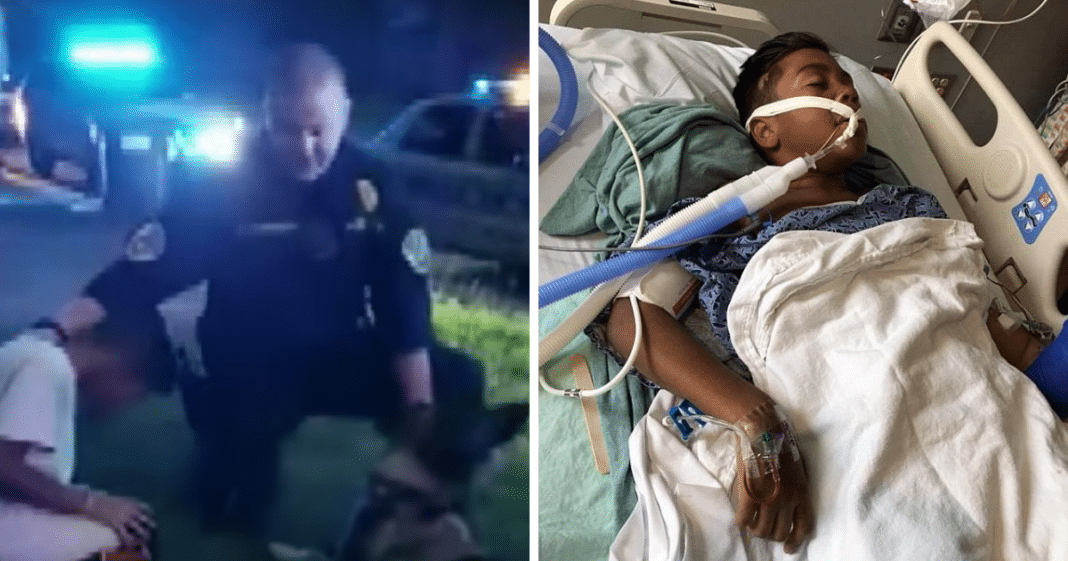 Police officer kneels to pray over 9-year-old boy with tumor just hours before his brain surgery