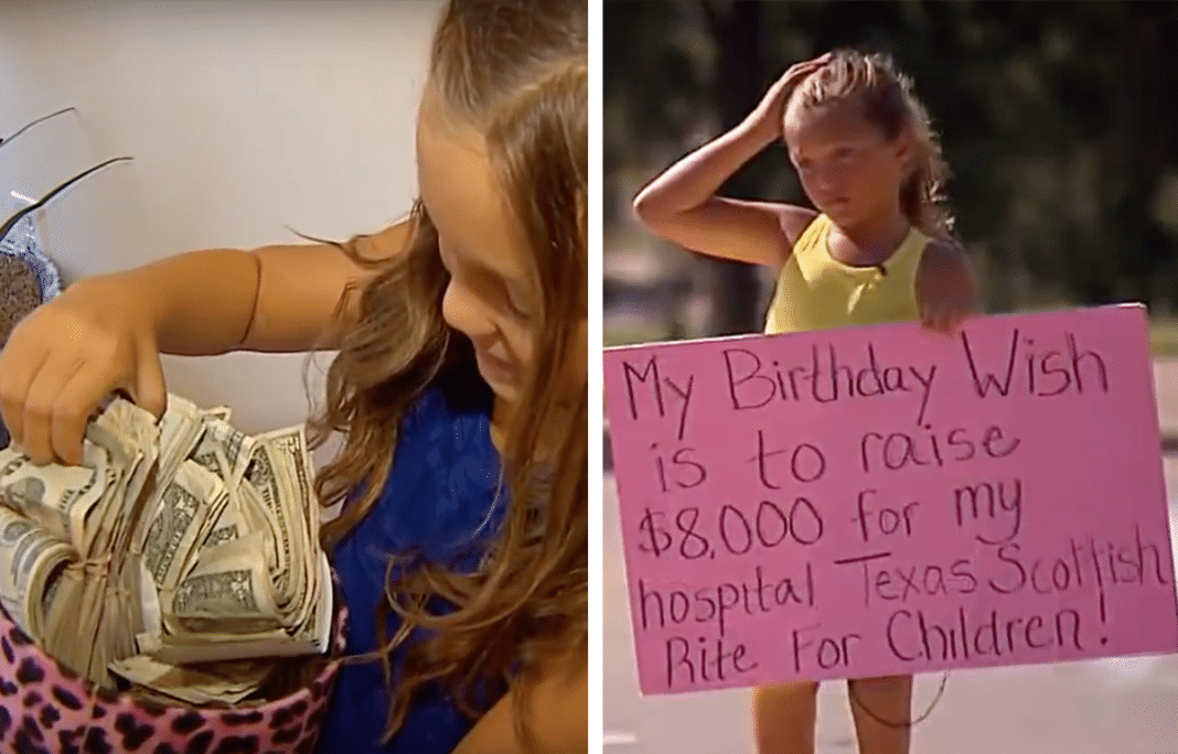 Little girl born with rare condition returns home holding stacks of money – for holding a sign