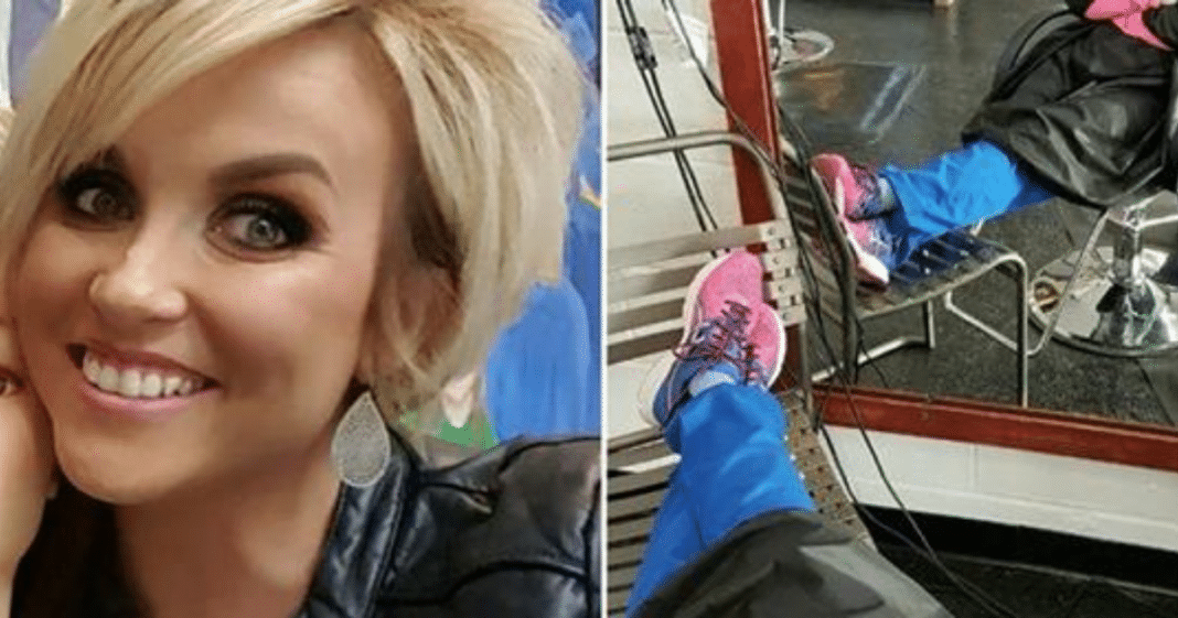 Exhausted nurse falls asleep in salon chair –  hairstylist notices her shoes and quickly snaps a photo