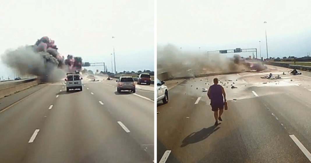 Trucker runs straight towards a fiery crash – dash cam captures moment he opens the car door