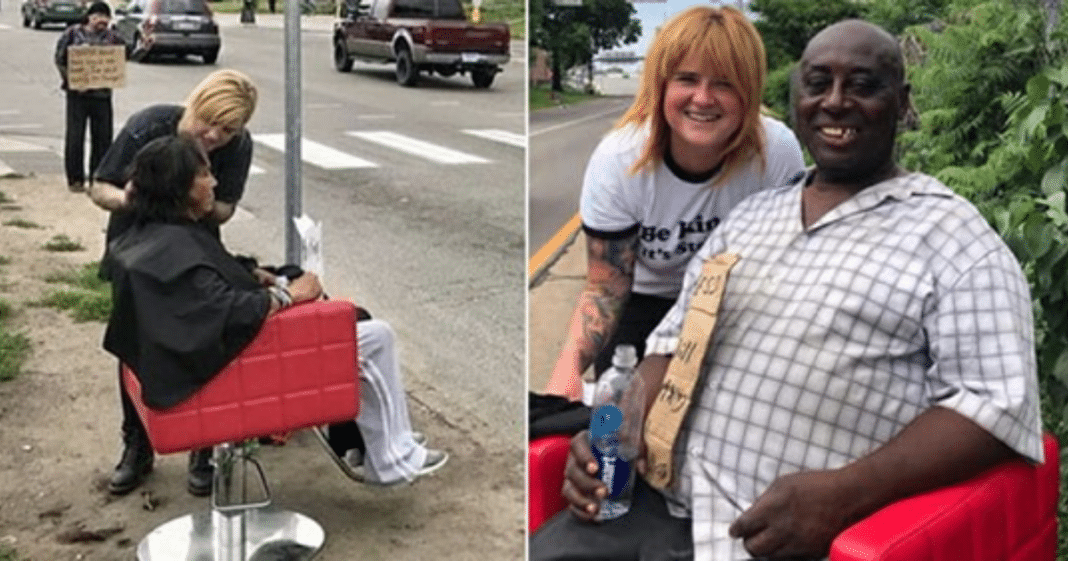 Hair stylist lugs red salon chair to city streets to bless homeless with free haircuts